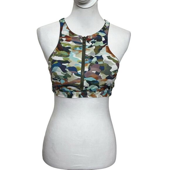 Becca by Rebecca Virtue Cora Bikini Top Women’s Size Large Multicolor Zip Camo - Picture 1 of 8